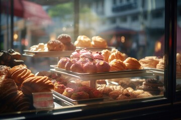 Pastries in a bakery window bread food.