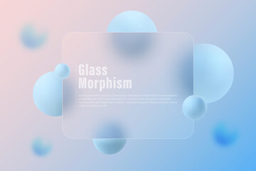 Website landing page template in glass morphism style. Frosted glass partition with floating spheres.