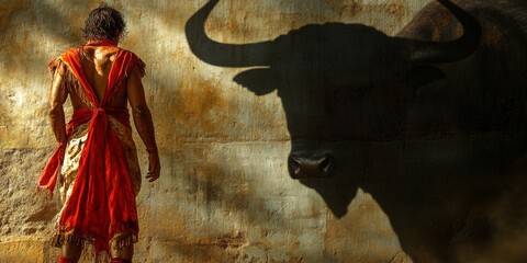 Runner poised for competition, gripping vibrant red sash, with a blurred silhouette of a bull in the background, tension and anticipation in the air