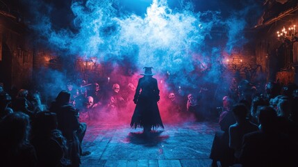 Fototapeta premium Mysterious figure in a foggy, atmospheric gathering