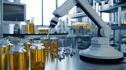 Robotic Arm Pipetting Samples in Modern Laboratory