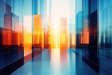 Abstract Background with Glass Buildings and Blue-Orange Skyscrapers. Illustration Art of Urban Skyline