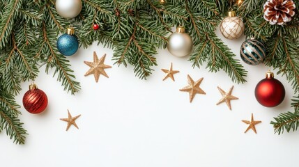 Festive Christmas flat lay with fir branches ornaments and stars on a white background