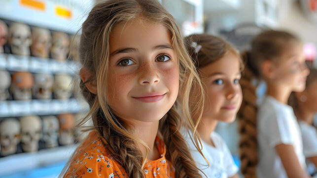 Close-up of a young girl smiling in a science classroom, surrounded by anatomical models, showcasing a fun learning environment
