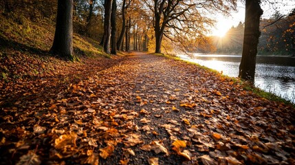 Obraz premium Charming autumn path covered with colorful leaves, serene river beside it, warm sunlight filtering through trees.