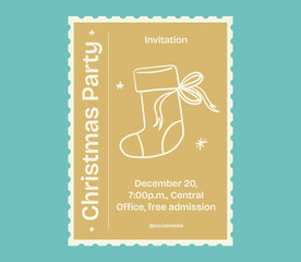 Vintage Illustrated Christmas Party Invitation with Santa Claus Christmas Boot in gold and blue color