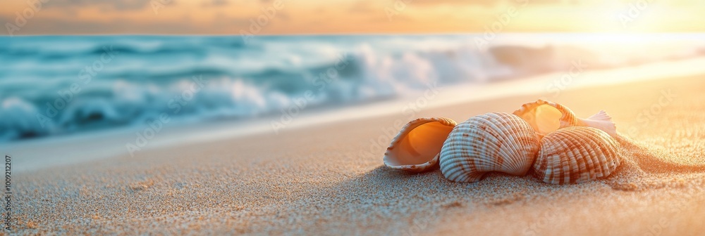 Poster serene beachscape featuring intricate seashells in the foreground, gentle ocean waves create a sooth