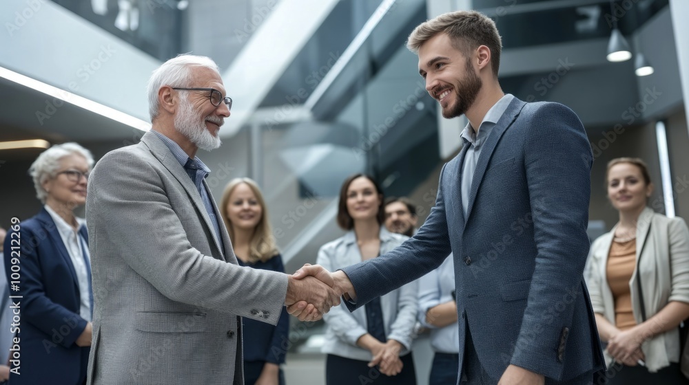 Poster a man shakes hands with another man in a business setting