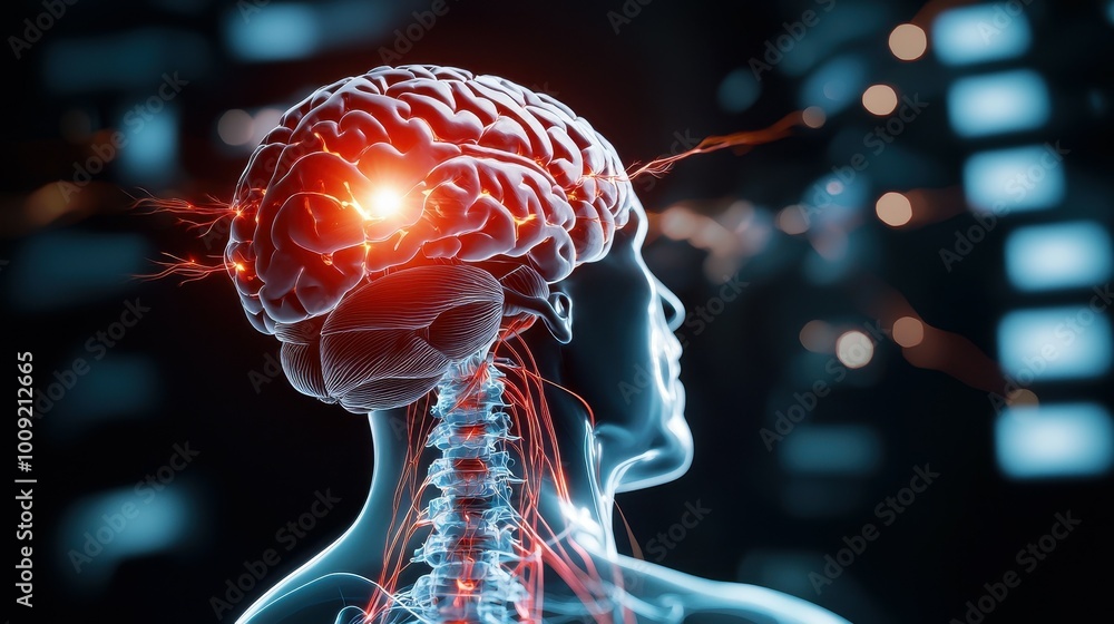 Poster a 3d rendering of a human brain with glowing red neurons.