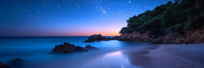 Fototapeta premium Tranquil Night at the Beach, stars twinkling in the sky, gentle waves lapping at the shore, a peaceful escape into nature's beauty