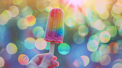 Hand Holding a Colorful Ice Cream Popsicle with a Bokeh Background