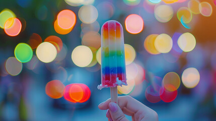 Hand Holding a Colorful Ice Cream Popsicle with a Bokeh Background
