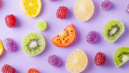 Top-down view of gummy fruit slices and sour sugar-coated candy on a pastel lavender background.