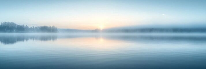 Obraz premium Serene Dawn at Misty Lake, tranquil waters reflecting soft morning light, ethereal mist hovering, horizon softly obscured, peaceful ambiance