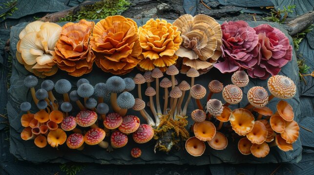 Un mandala di funghi multicolore: Una composizione simmetrica di funghi