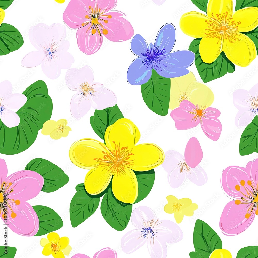 Sticker Seamless pattern with bright spring flowers. 