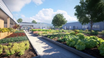 A garden with a path in the middle surrounded by plants