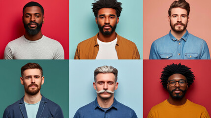 Group of diverse men standing in front of colorful background, concept of diversity