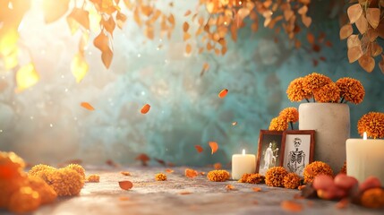 Day of the Dead Altar: A beautiful and heartwarming Day of the Dead altar with marigolds, candles, and a framed photograph.