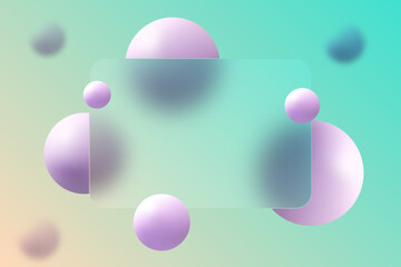 Website landing page template in glass morphism style. Frosted glass partition with floating spheres.