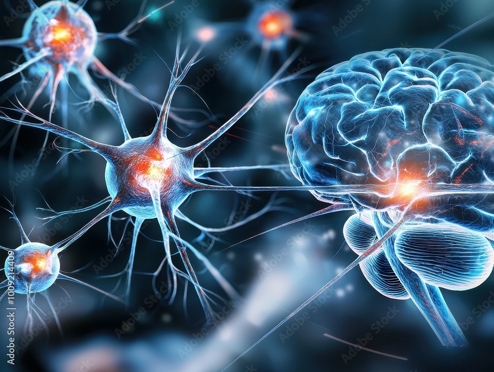 Poster a 3d rendering of a brain with glowing neurons.