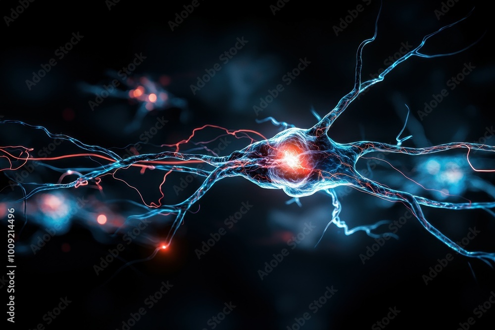 Poster a single neuron is illuminated in a dark background, showcasing the intricate network of branches th