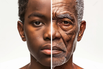 Split portrait of young and elderly African american man for concept of aging