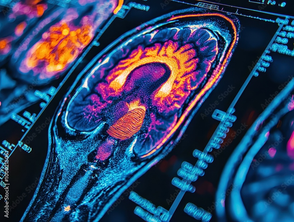 Poster close-up of a colorful brain scan image.