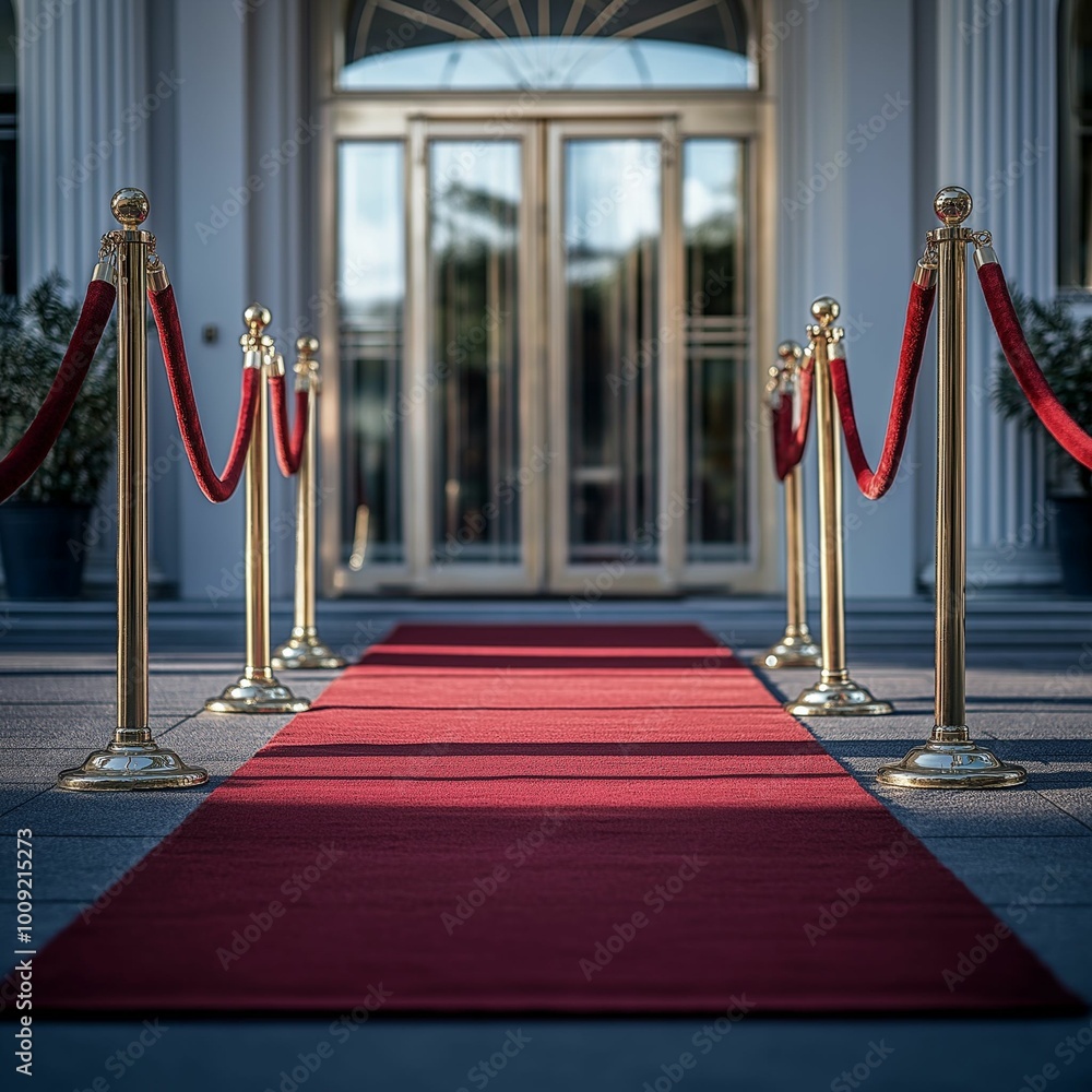 Wall mural red carpet entrance with gold stanchions at an elegant venue