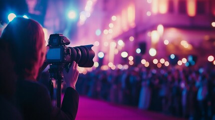 Photographer capturing red carpet event in evening lights