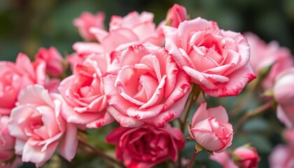 Fototapeta premium Lush pink roses in full bloom symbolizing love and romance against blurred background