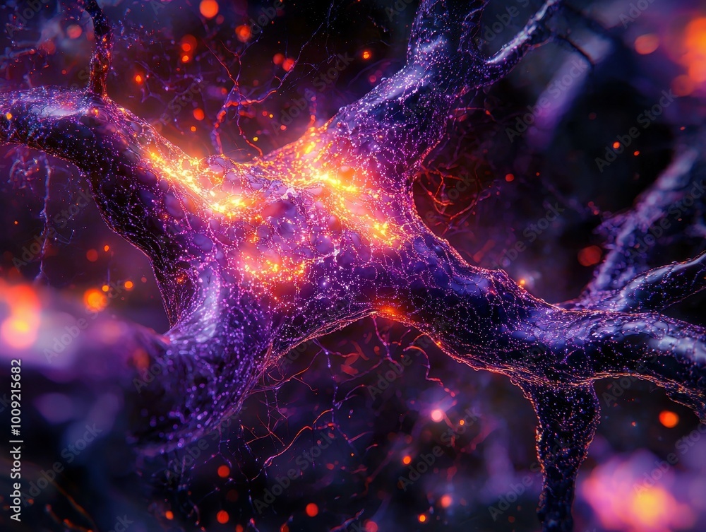 Poster a digital rendering of a neuron, showcasing the intricate network of dendrites and axons.