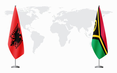 Albania and Vanuatu flags for official meeting against background of world map.