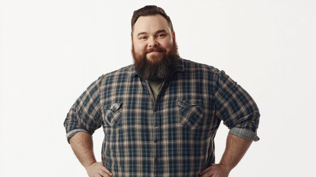 Happy fat man in casual wear and with beard stands on white background, looks into camera and smiles. Cheerful big body positive guy