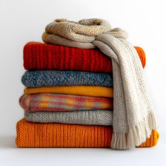 Stack of colorful knitted sweaters and scarf on white background, cozy winter fashion..