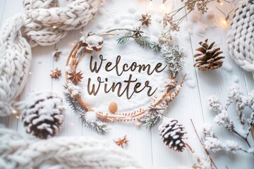 Obraz premium Winter greeting card on flat lay background with pine cones and seasonal decor