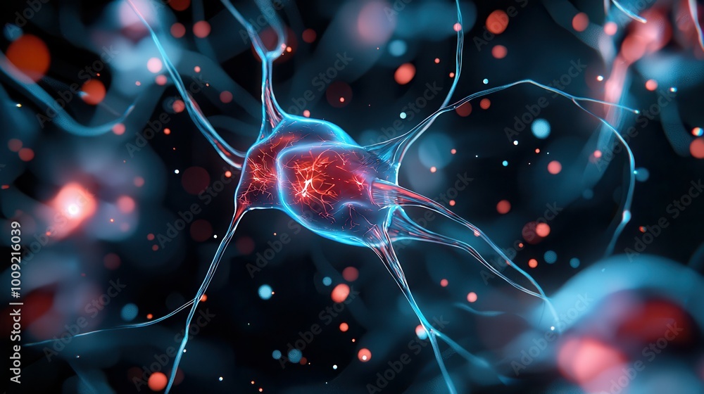 Poster abstract digital rendering of a neuron cell, glowing in blue and red.