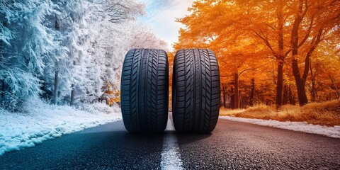Side-by-side summer and winter tires on a road surrounded by contrasting autumn and winter forest scenery..