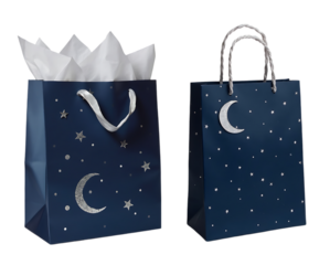 Elegant Blue Gift Bags With Celestial Moon And Stars Design on an Isolated white background 