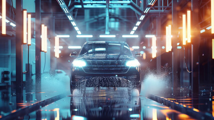A photorealistic front view of an SUV being washed in the car wash tunnel