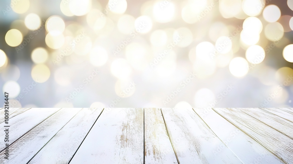 Poster christmas background with empty white wooden table over bokeh lights
