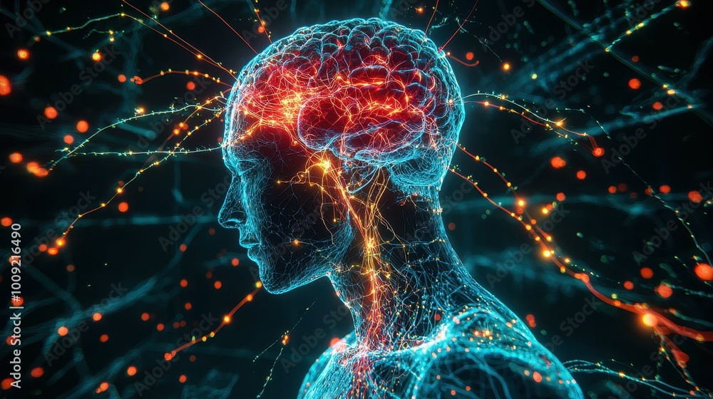 Poster a digital rendering of a human brain with glowing neural pathways.
