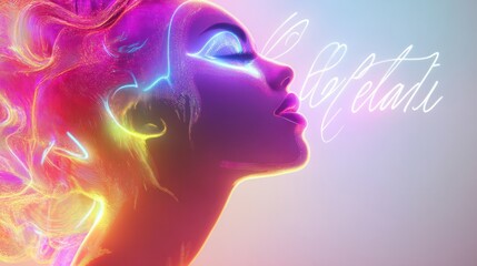 Holographic Plus Size Model Outline with Beauty Text concept as A vibrant glowing holographic outline of a plus size model with the word Beauty in an elegant script set against a clean white balance 