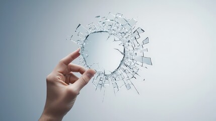 A person holding a shattered mirror, symbolizing a broken sense of self due to negative thinking.