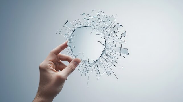 A person holding a shattered mirror, symbolizing a broken sense of self due to negative thinking.