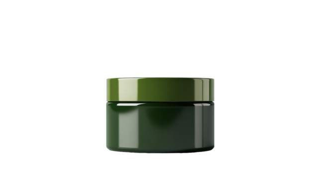 A sleek green jar resting on a table under soft lighting in a minimalist setting, on the transparent background. PNG Format