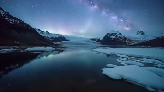 Northern Lights Illuminating a Snowy Landscape with Mountains a Starry Sky Creating a Serene Majestic Scene, Continuous Shooting with Hyperspeed FPV