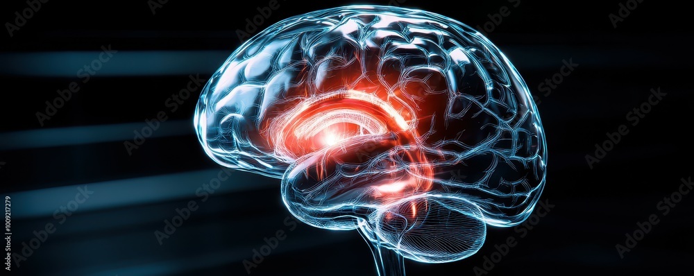 Poster a 3d rendering of the human brain with the limbic system highlighted in red.