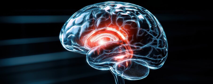 A 3D rendering of the human brain with the limbic system highlighted in red.