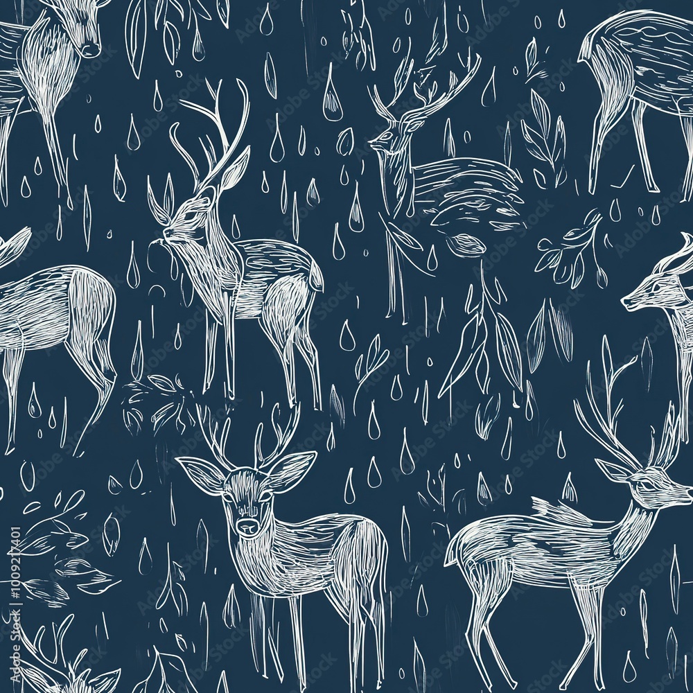Poster abstract seamless pattern rain deer with drawing in doodle style.